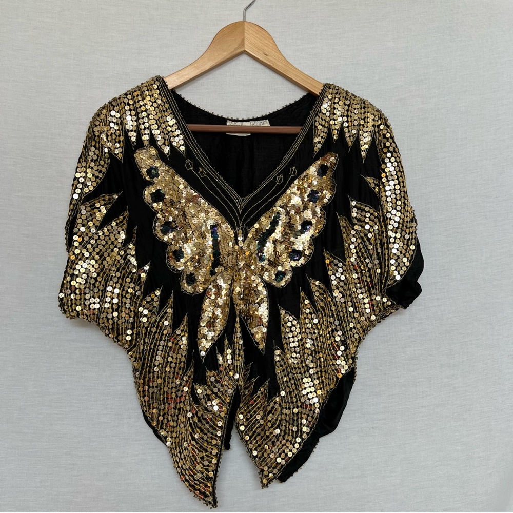 Vintage Valachi Creations Black and Gold Sequin Butterfly Silk Top